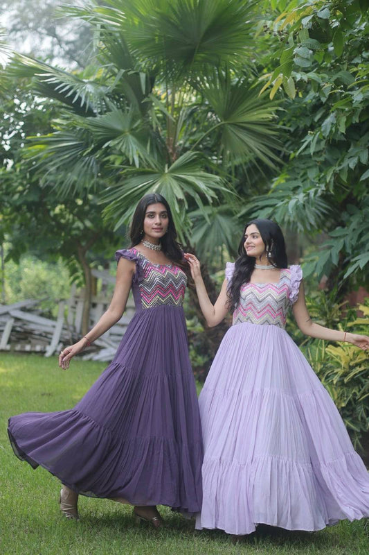 Loveable Faux Georgette Sequins Embroidered Fully Stitched Gown - Ethnicwish