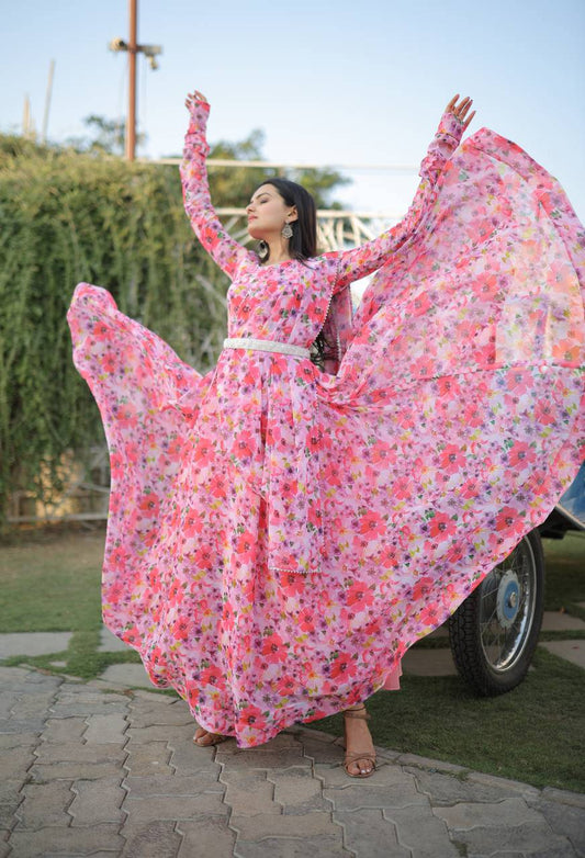 Romantic Pink Floral Digital Printed Fully Stitched Gown - Ethnicwish