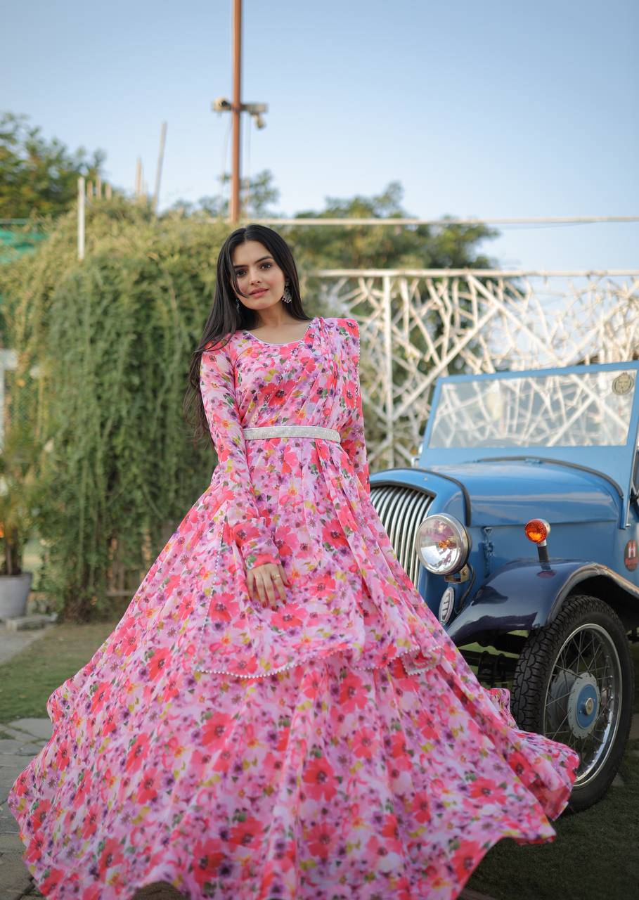 Romantic Pink Floral Digital Printed Fully Stitched Gown - Ethnicwish