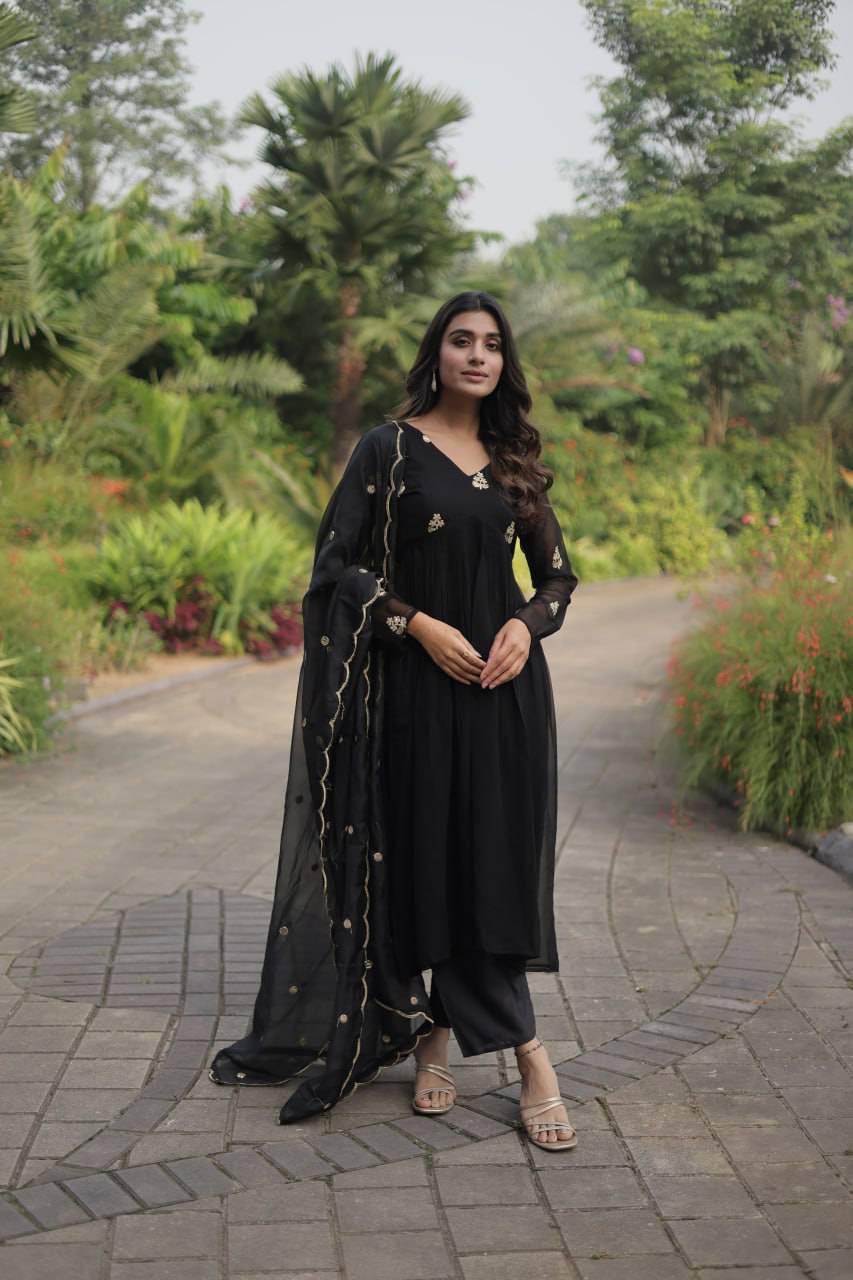 Alia Cut Faux Georgette Embroidered Anarkali Pant Suit - Ethnicwish