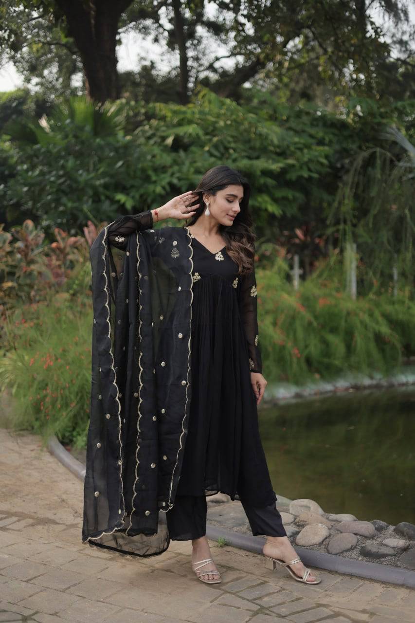 Alia Cut Faux Georgette Embroidered Anarkali Pant Suit - Ethnicwish