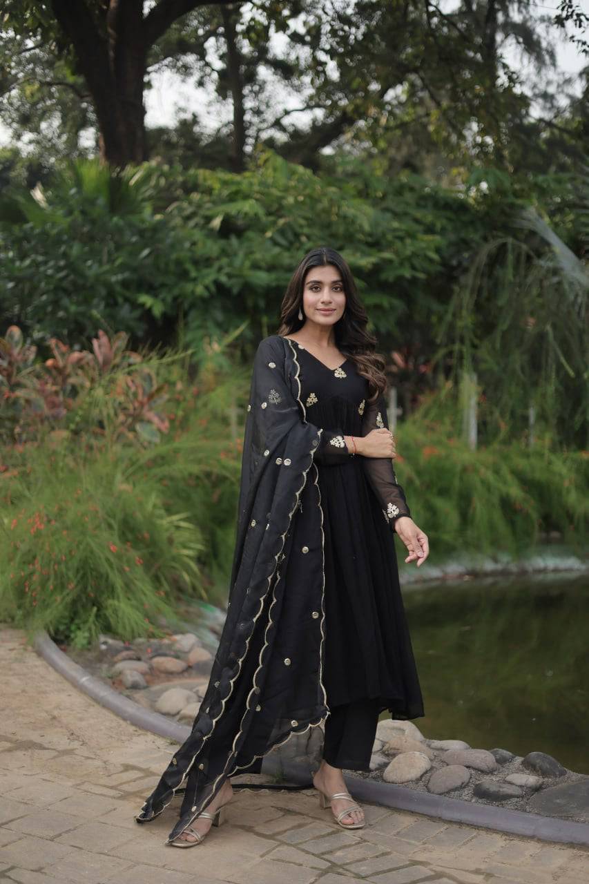 Alia Cut Faux Georgette Embroidered Anarkali Pant Suit - Ethnicwish