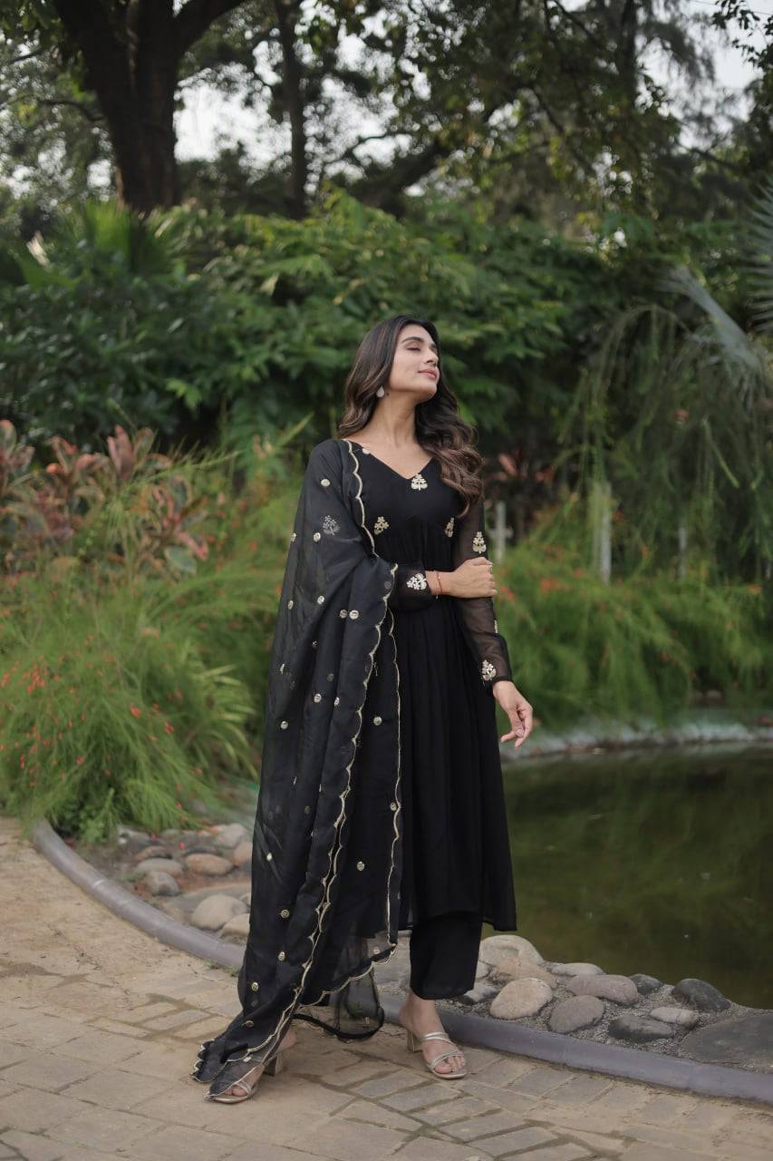 Alia Cut Faux Georgette Embroidered Anarkali Pant Suit - Ethnicwish