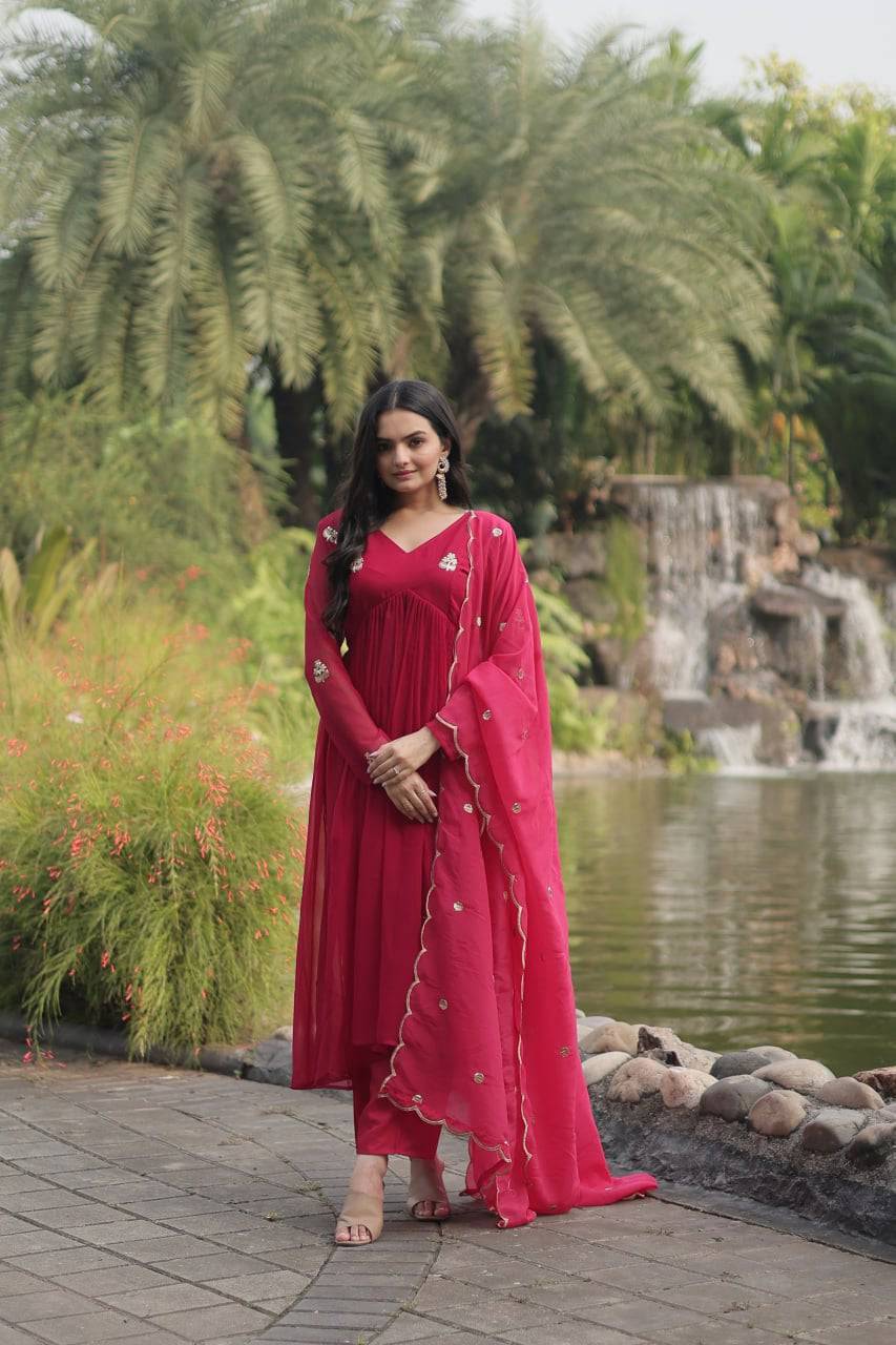 Alia Cut Faux Georgette Embroidered Anarkali Pant Suit - Ethnicwish