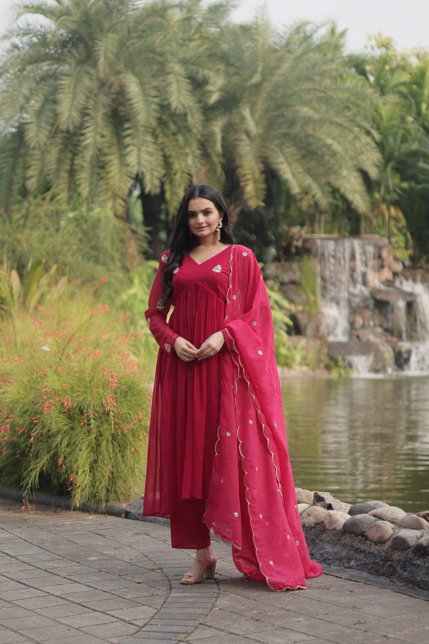 Alia Cut Faux Georgette Embroidered Anarkali Pant Suit - Ethnicwish