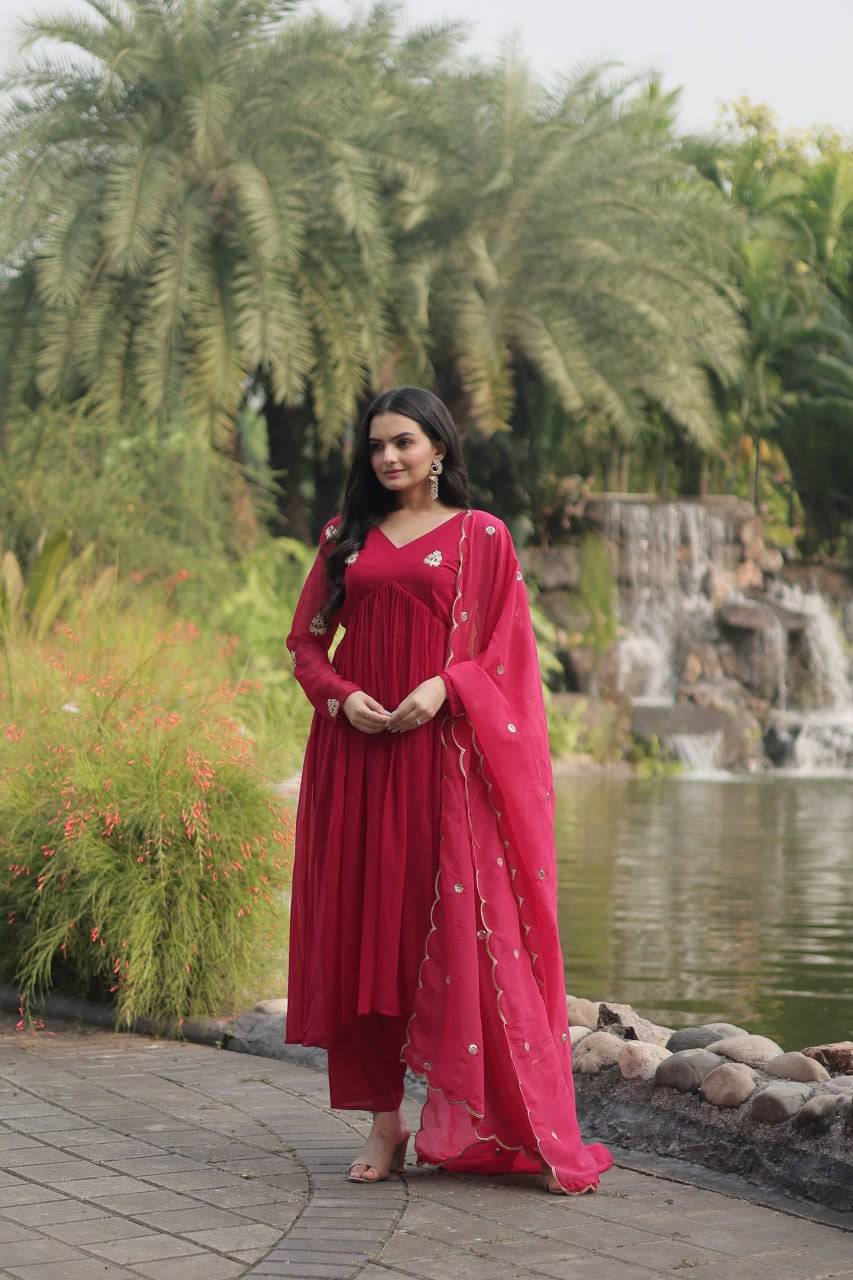 Alia Cut Faux Georgette Embroidered Anarkali Pant Suit - Ethnicwish