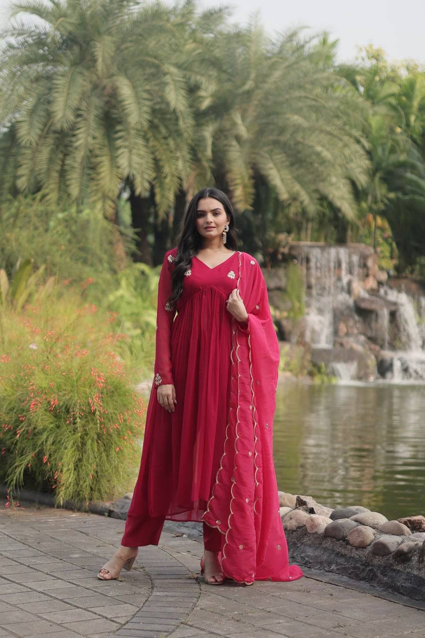 Alia Cut Faux Georgette Embroidered Anarkali Pant Suit - Ethnicwish