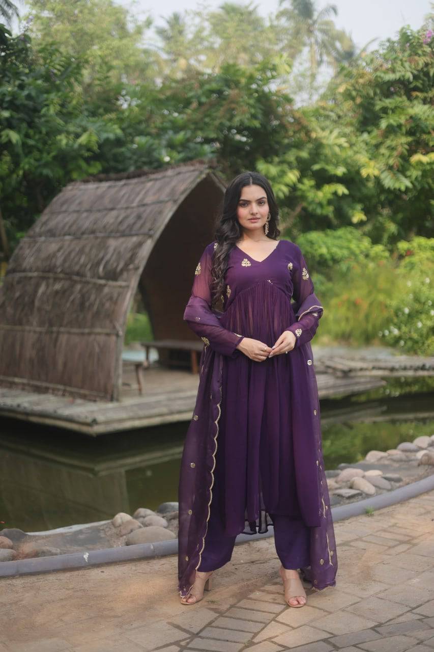 Alia Cut Faux Georgette Embroidered Anarkali Pant Suit - Ethnicwish