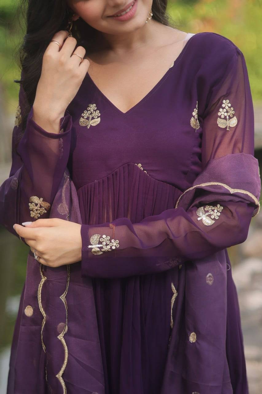 Alia Cut Faux Georgette Embroidered Anarkali Pant Suit - Ethnicwish
