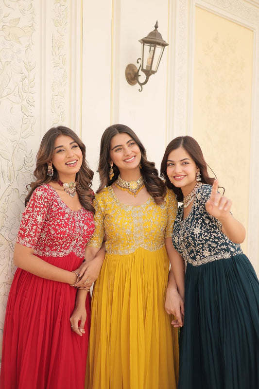 Elegant Faux Georgette Zari Sequins Worked Designer Gown - Ethnicwish