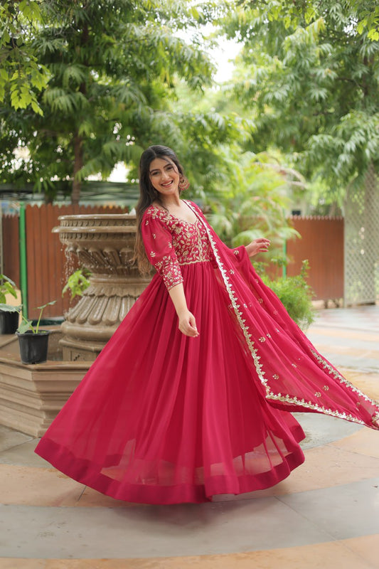 Dashing Pink Faux Georgette Sequins Embroidered Gown With Dupatta - Ethnicwish