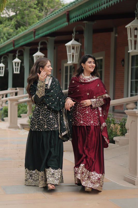 Alluring Rangoli Silk Sequins Thread Worked Top Palazzo Suit - Ethnicwish