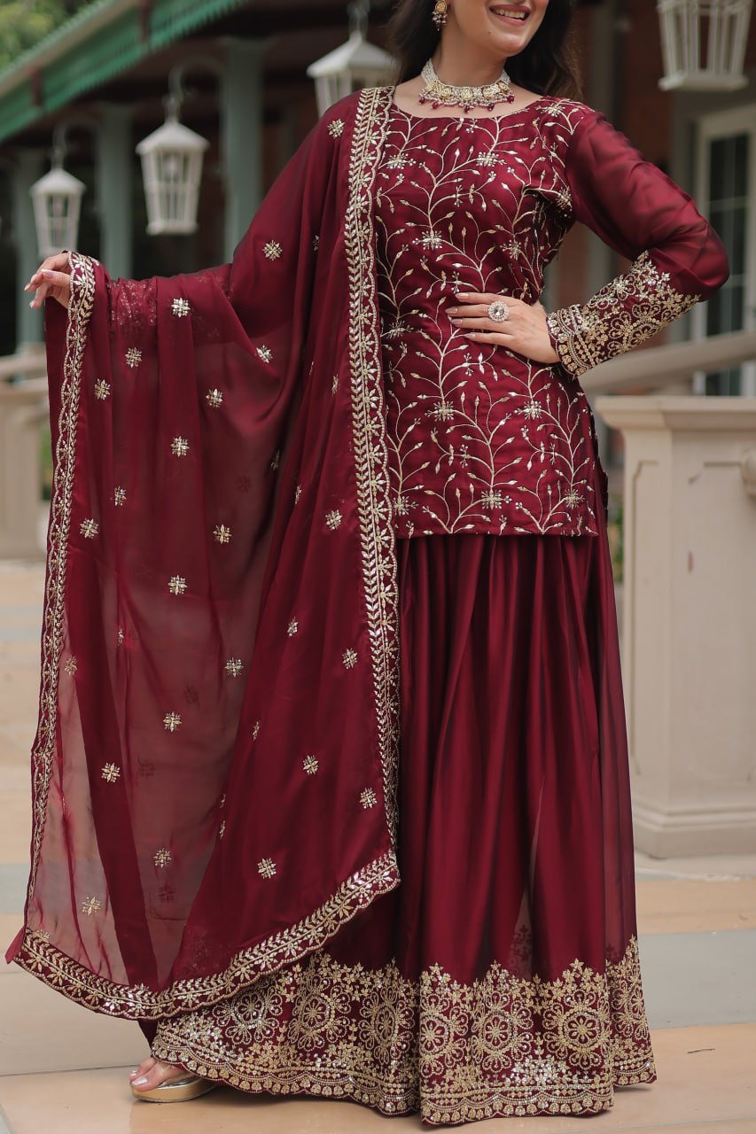 Alluring Rangoli Silk Sequins Thread Worked Top Palazzo Suit - Ethnicwish