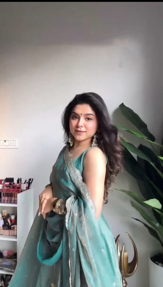 Stylish Cyan Fendy Silk Thread Sequins Worked Anarkali Pant Suit