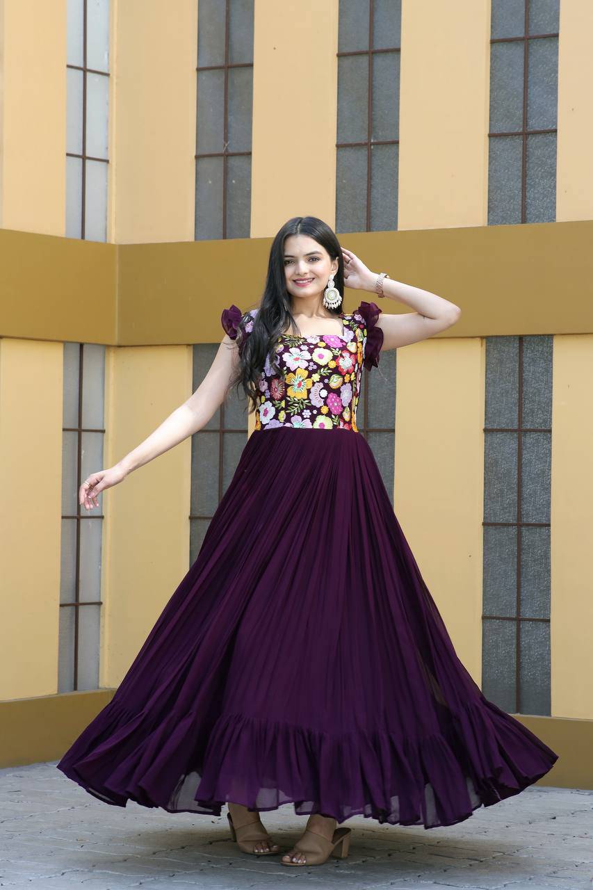 Gentle Faux Georgette Sequins Embroidered Fully Stitched Gown - Ethnicwish