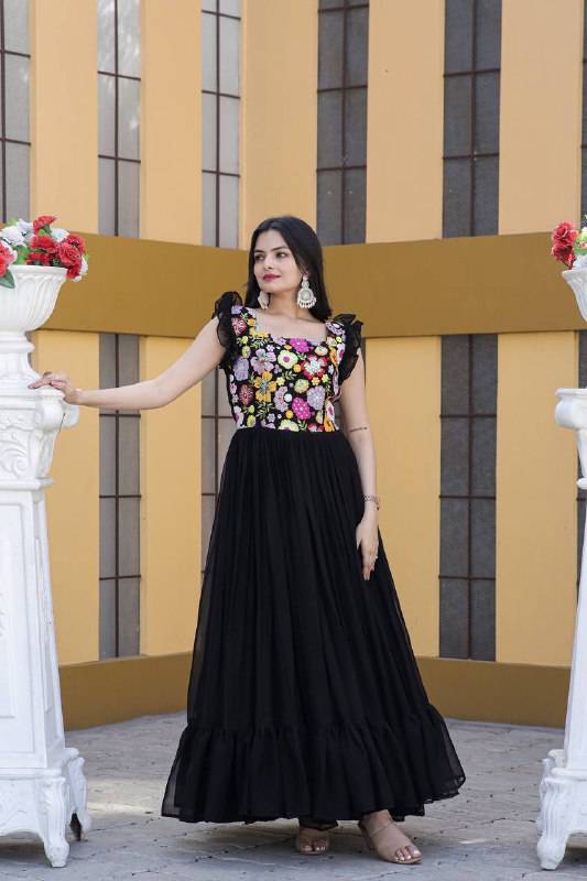 Gentle Faux Georgette Sequins Embroidered Fully Stitched Gown - Ethnicwish