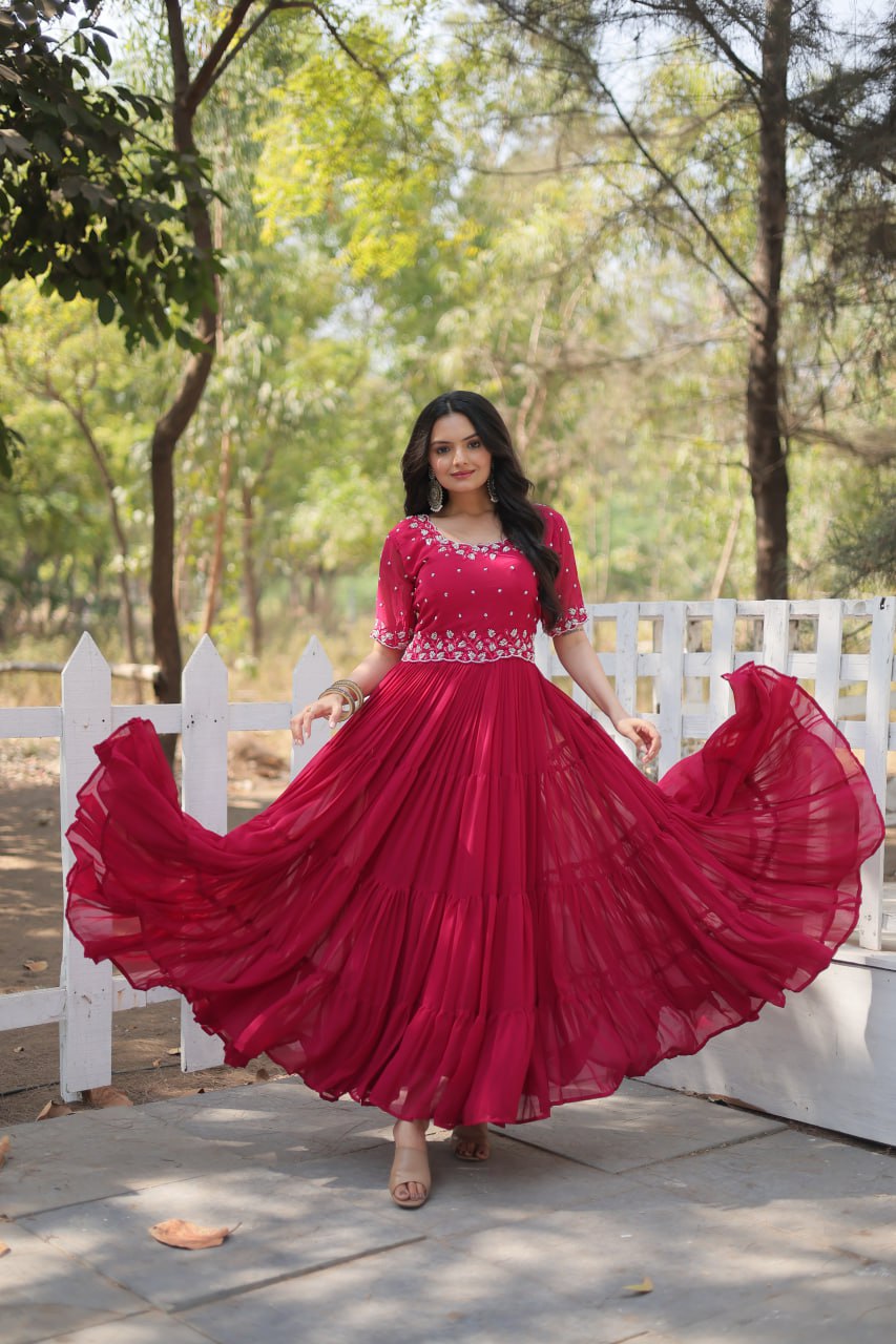Stylish Faux Georgette Beads Embroidered Designer Gown - Ethnicwish