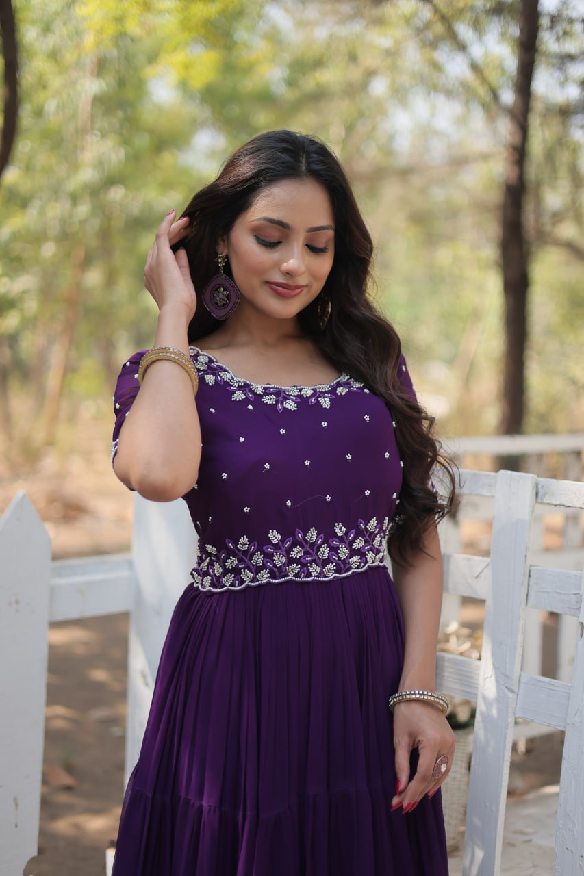 Stylish Faux Georgette Beads Embroidered Designer Gown - Ethnicwish