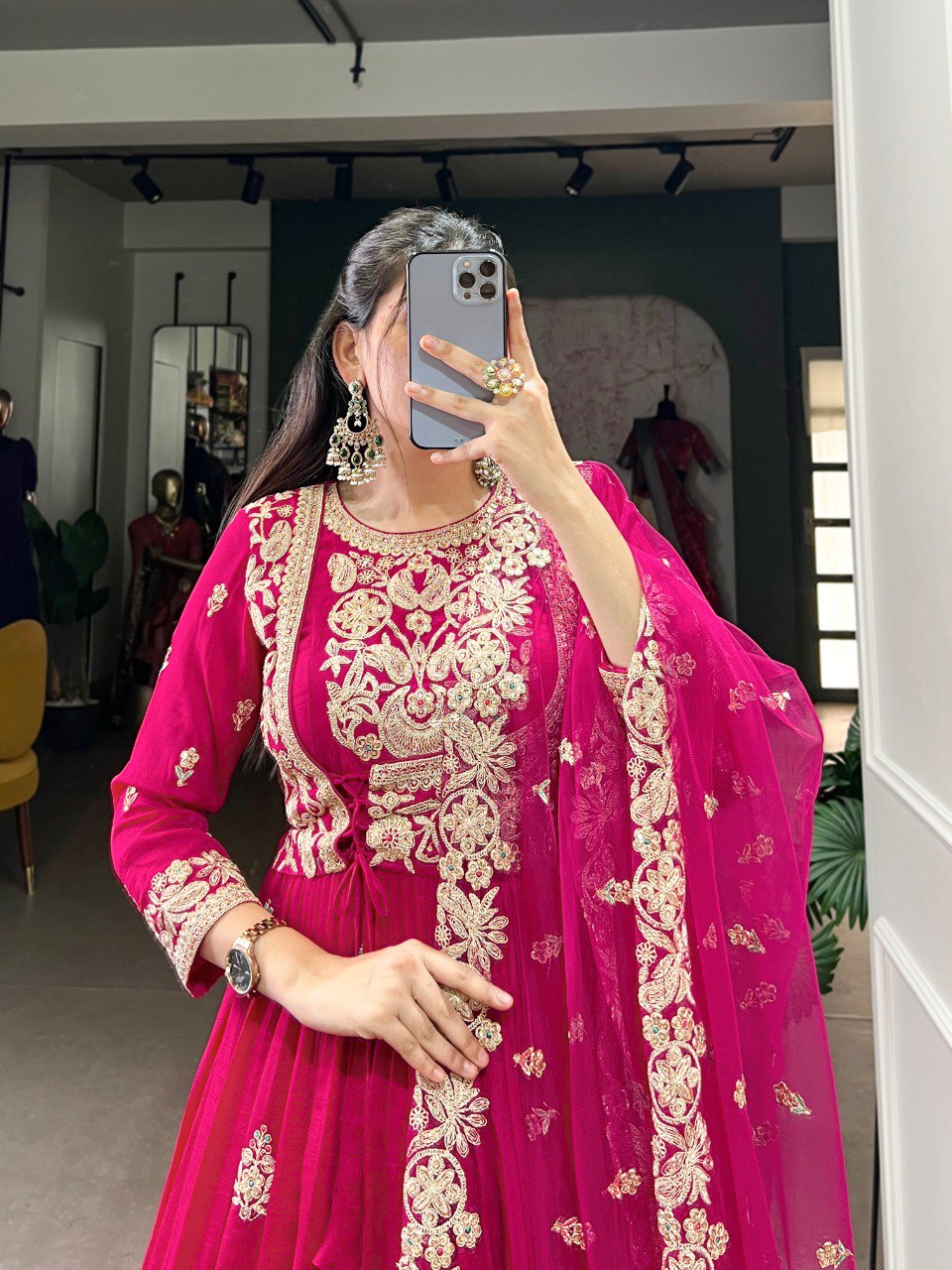 Enchanting Pink Vichitra Silk Thread Embroidered Gown With Dupatta