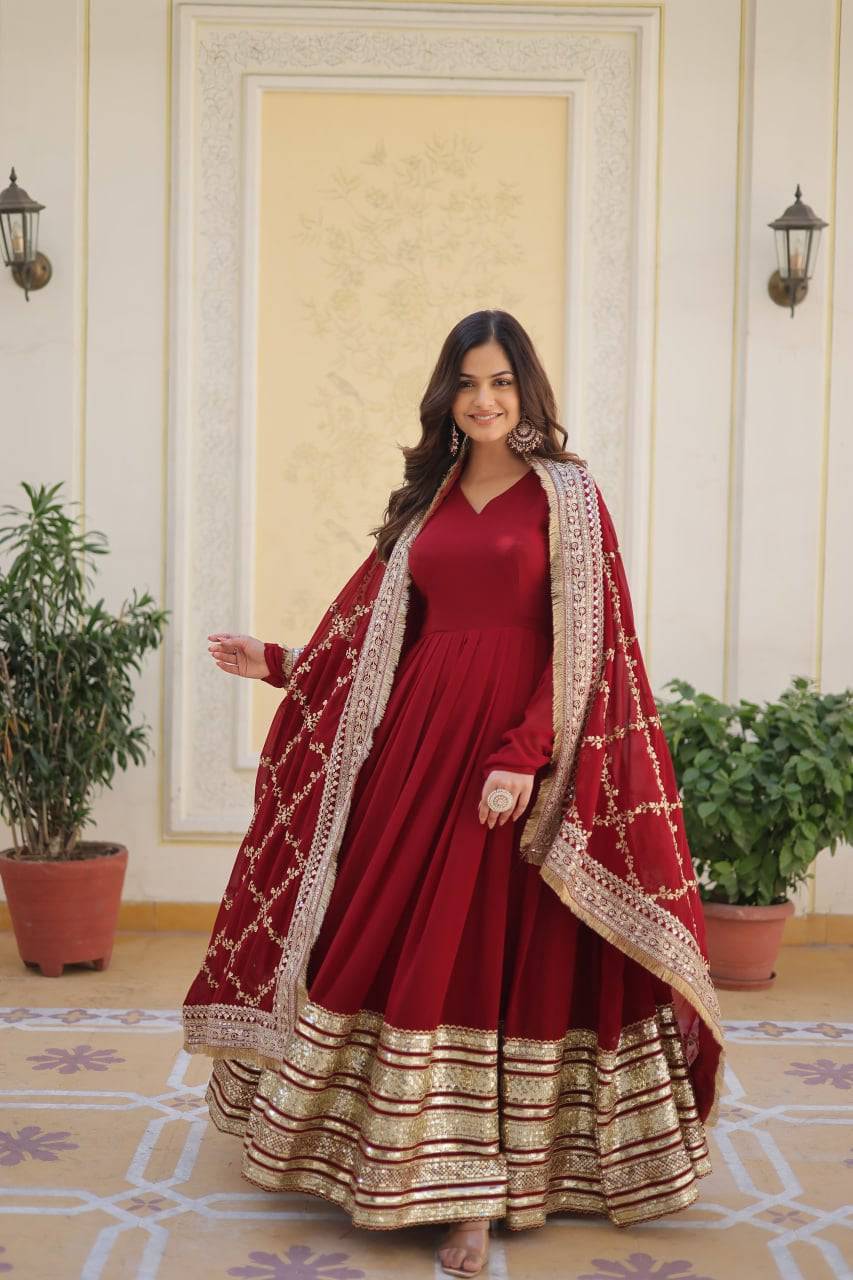 Majestic Maroon Faux Georgette Sequins Embroidered Designer Gown - Ethnicwish