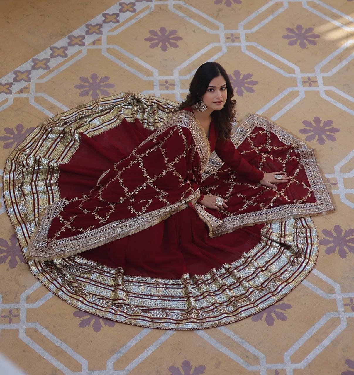 Majestic Maroon Faux Georgette Sequins Embroidered Designer Gown - Ethnicwish