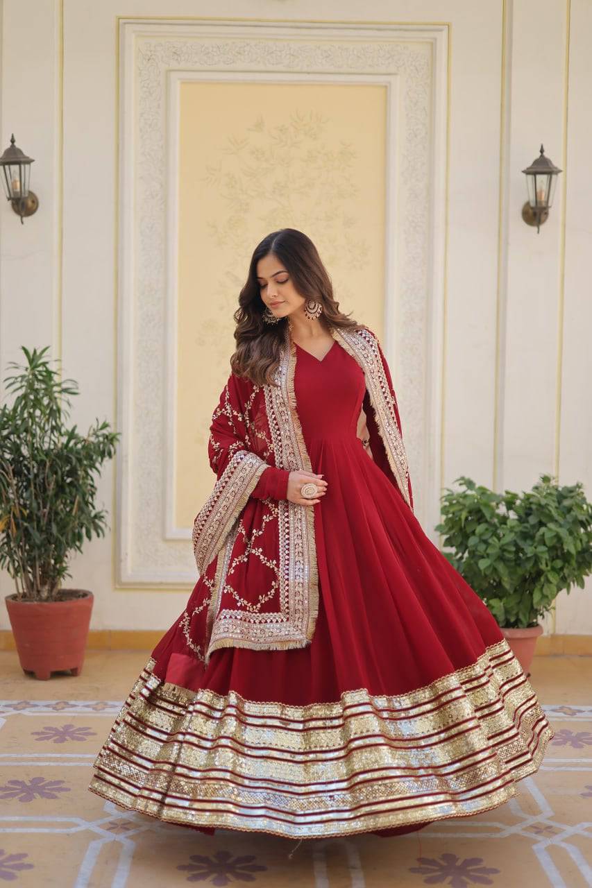 Majestic Maroon Faux Georgette Sequins Embroidered Designer Gown - Ethnicwish