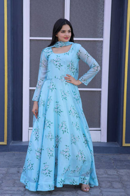 Winsome Sky Blue Floral Printed Tabby Silk Gown With Dupatta - Ethnicwish
