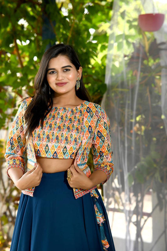 Navy Blue Faux Georgette Digital Printed Lehenga Blouse Koti Set - Ethnicwish