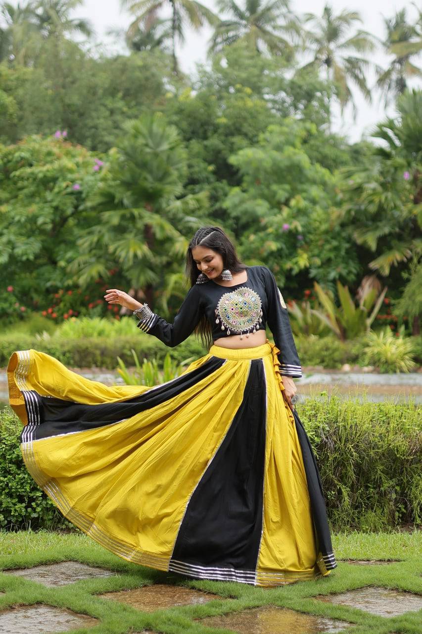 Luminous Yellow Black Navratri Wear Designer Lehenga Choli - Ethnicwish
