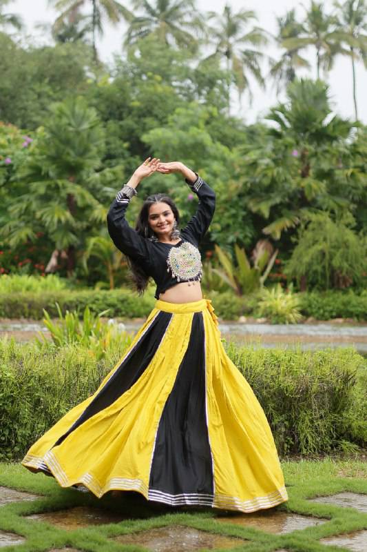 Luminous Yellow Black Navratri Wear Designer Lehenga Choli - Ethnicwish