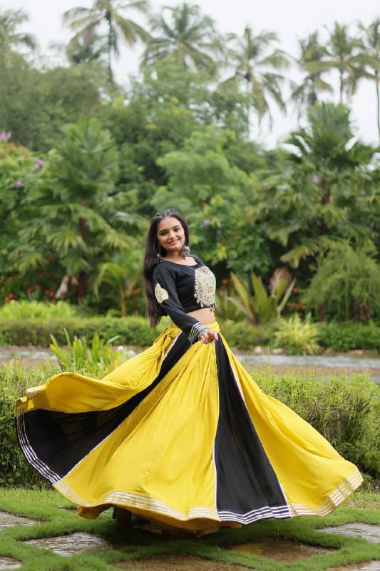 Luminous Yellow Black Navratri Wear Designer Lehenga Choli - Ethnicwish