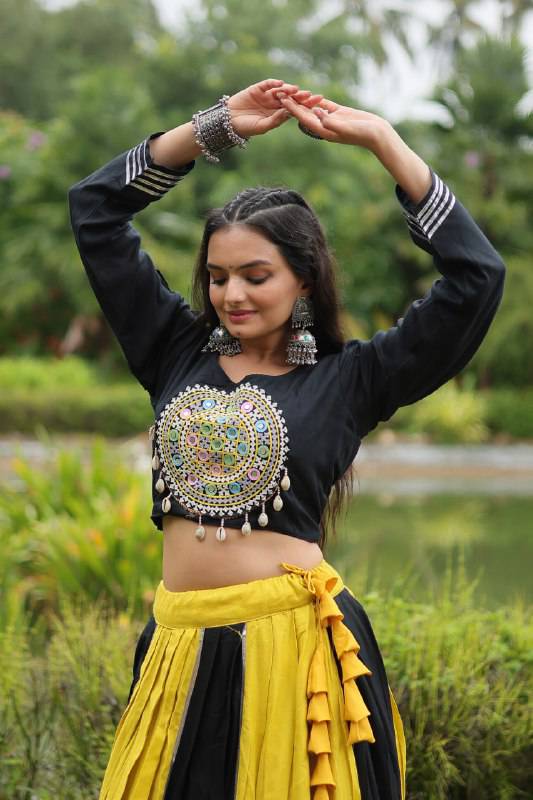 Luminous Yellow Black Navratri Wear Designer Lehenga Choli - Ethnicwish