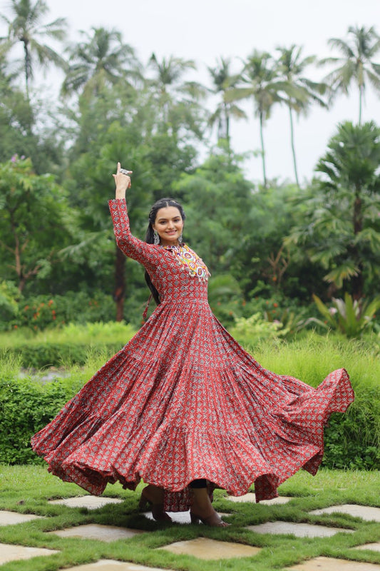 Spectacular Maroon Cotton Navratri Wear Designer Gown - Ethnicwish