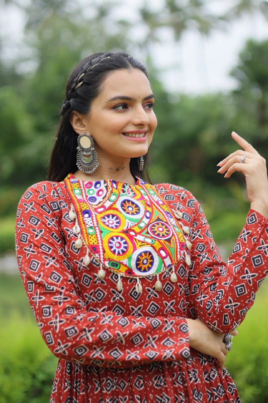 Spectacular Maroon Cotton Navratri Wear Designer Gown - Ethnicwish