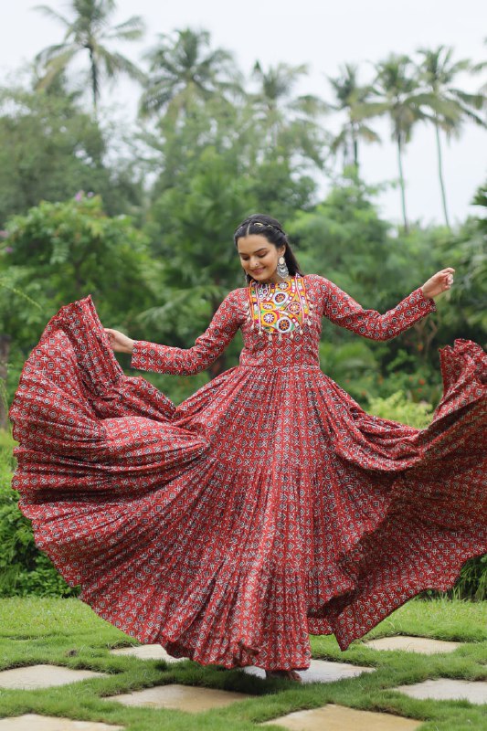 Spectacular Maroon Cotton Navratri Wear Designer Gown - Ethnicwish