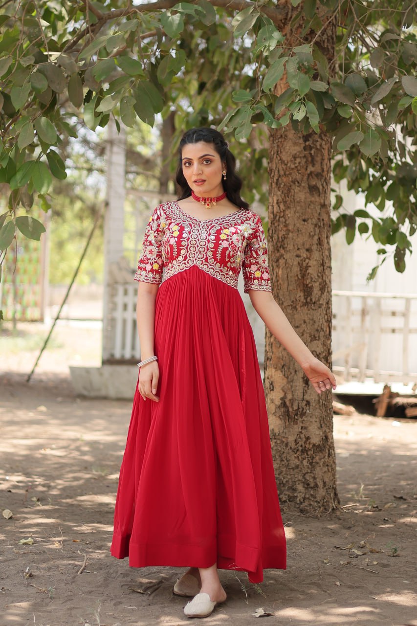 Shimmering Faux Georgette Fully Stitched Designer Gown - Ethnicwish