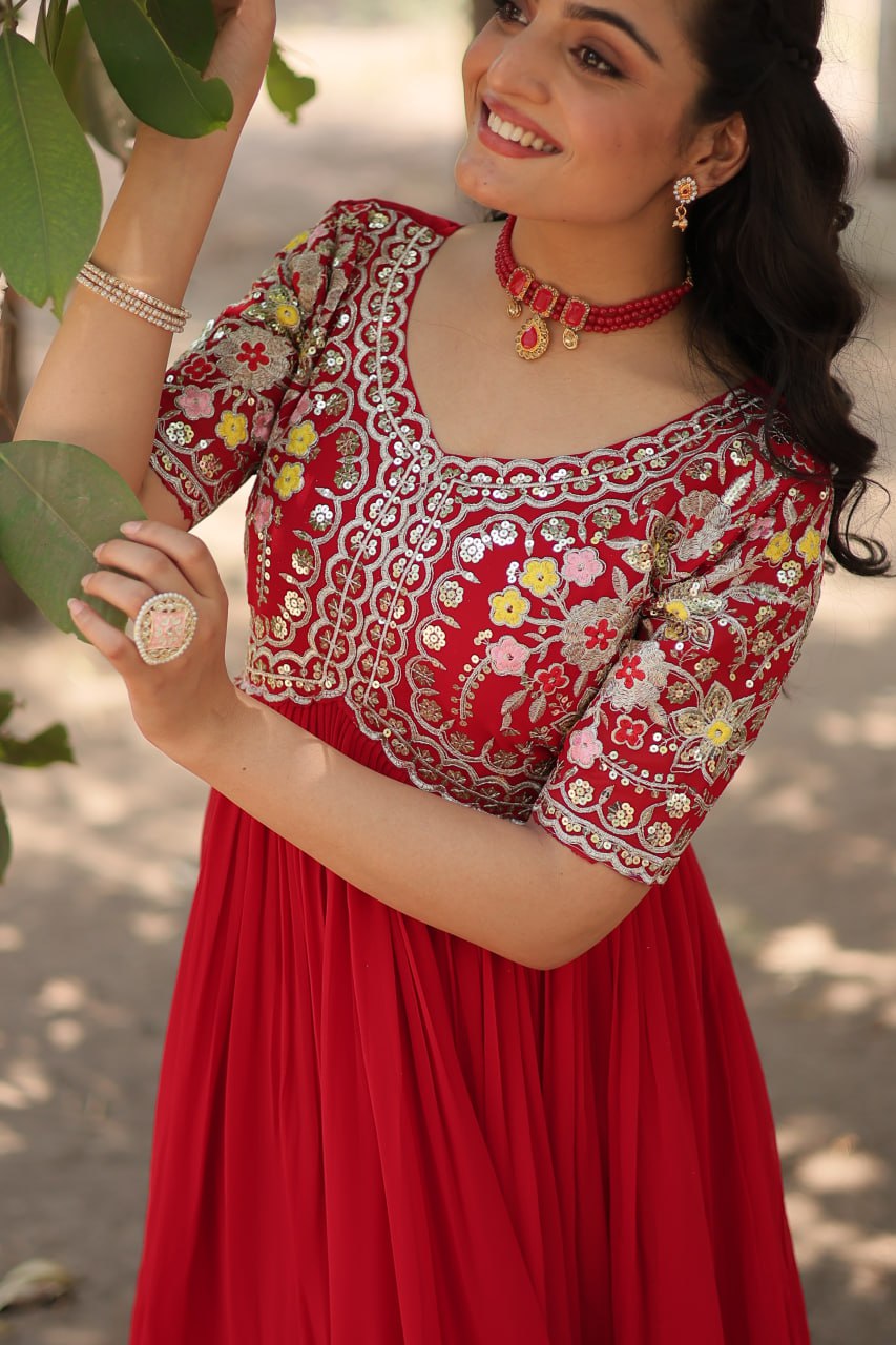 Shimmering Faux Georgette Fully Stitched Designer Gown - Ethnicwish