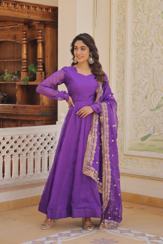 Alluring Russian Silk Fully Stitched Designer Gown With Dupatta - Ethnicwish