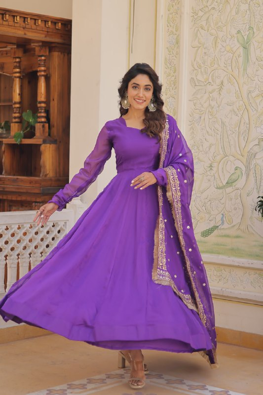 Alluring Russian Silk Fully Stitched Designer Gown With Dupatta - Ethnicwish