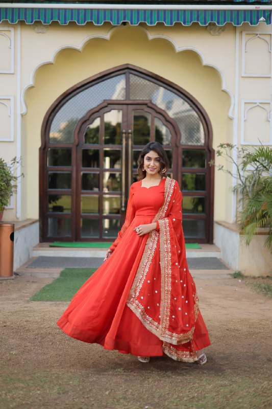 Alluring Russian Silk Fully Stitched Designer Gown With Dupatta - Ethnicwish