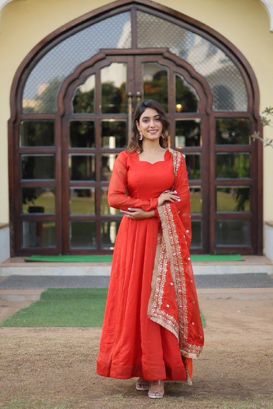 Alluring Russian Silk Fully Stitched Designer Gown With Dupatta - Ethnicwish