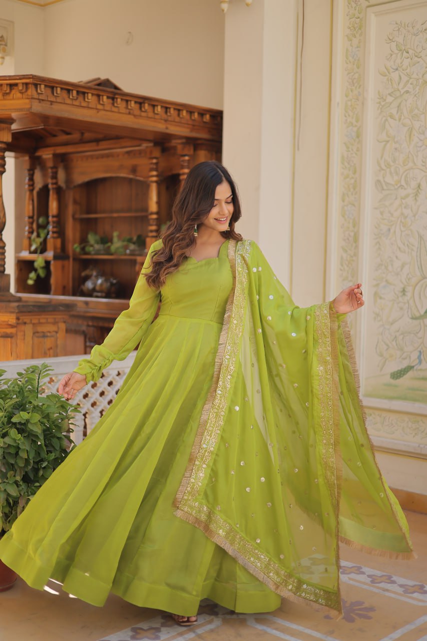 Alluring Russian Silk Fully Stitched Designer Gown With Dupatta - Ethnicwish