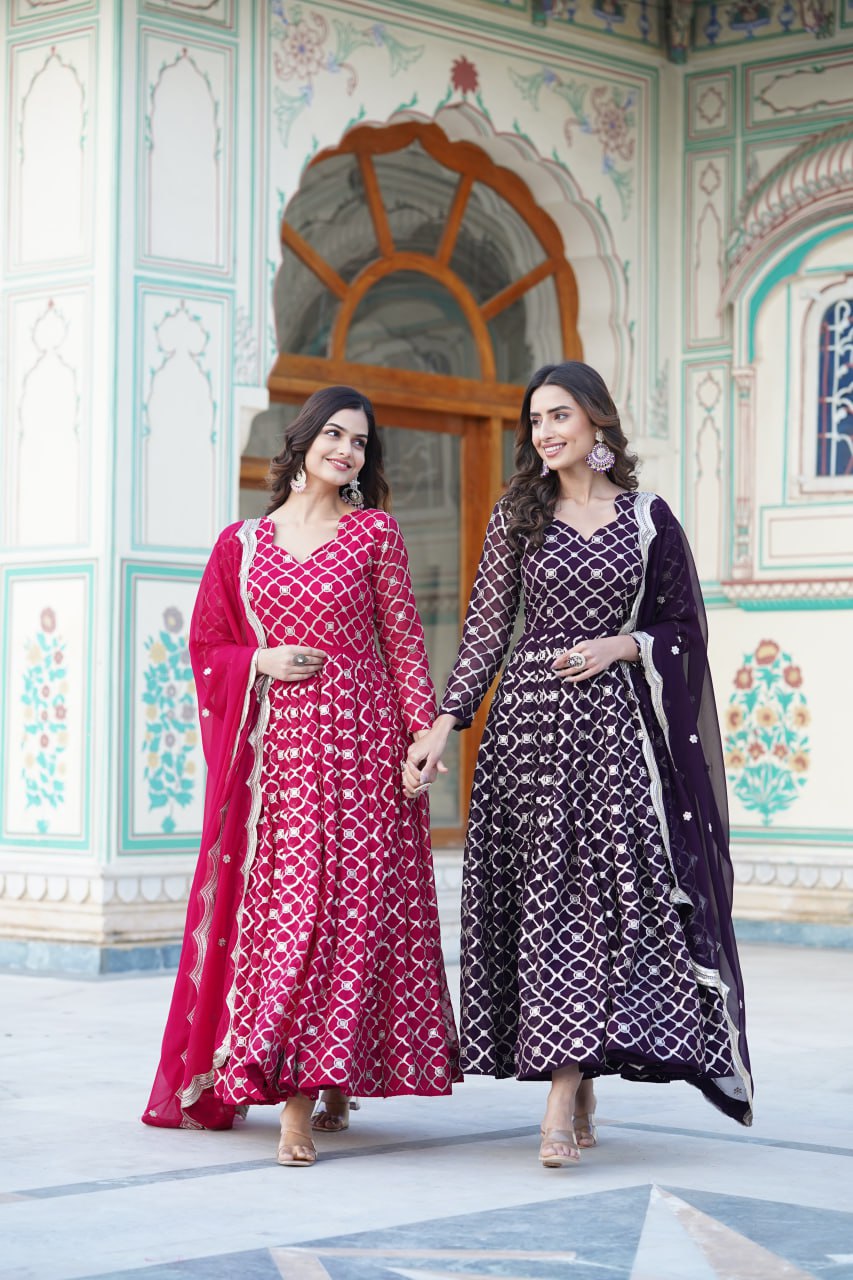 Radiant Faux Georgette Sequins Worked Festive Wear Gown - Ethnicwish