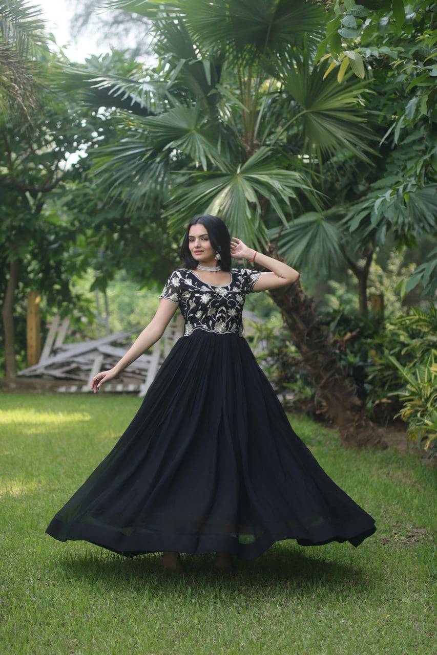 Enticing Faux Georgette Coded Sequins Embroidered Gown - Ethnicwish