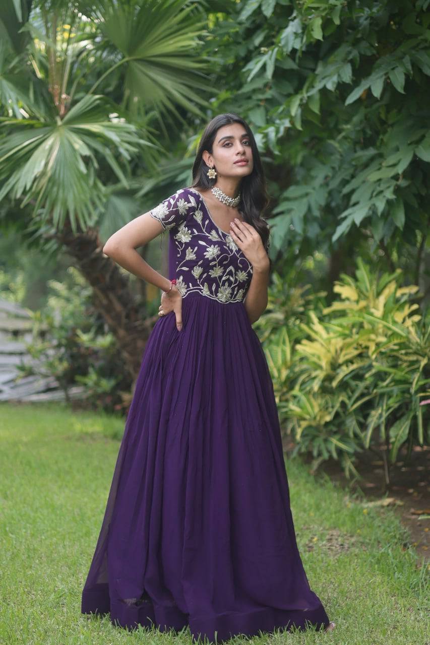 Enticing Faux Georgette Coded Sequins Embroidered Gown - Ethnicwish