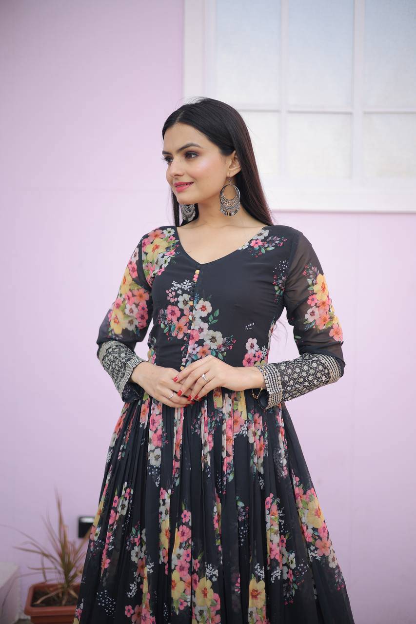 Thrilling Floral Digital Printed Sequins Zari Worked Fully Stitched Gown - Ethnicwish