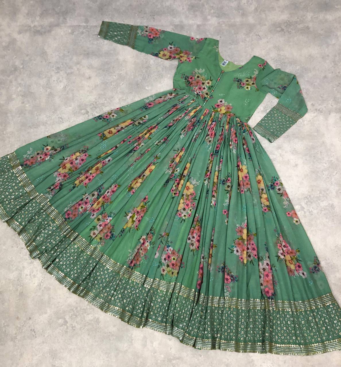 Thrilling Floral Digital Printed Sequins Zari Worked Fully Stitched Gown - Ethnicwish