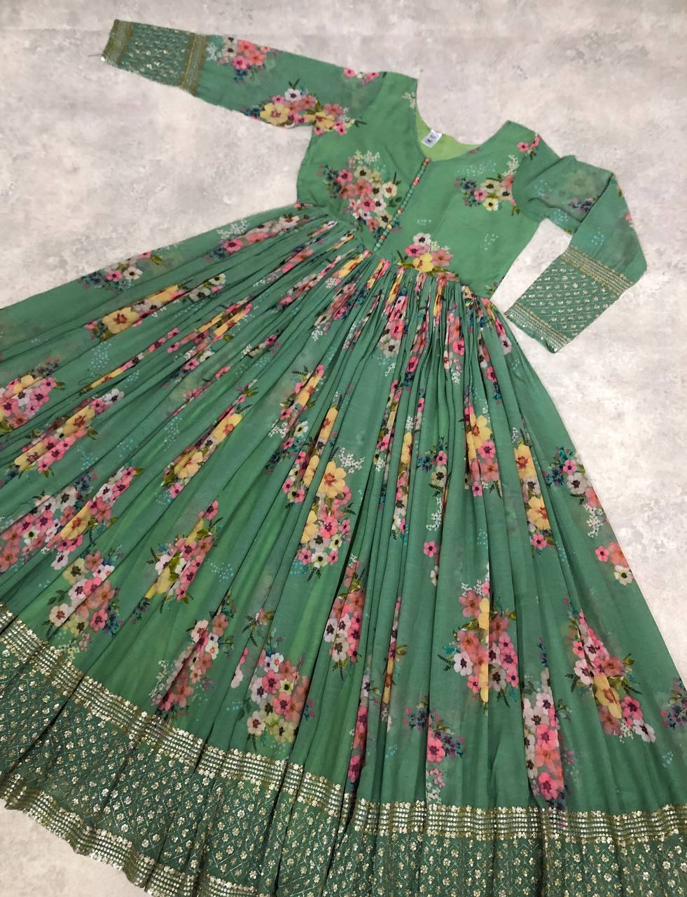 Thrilling Floral Digital Printed Sequins Zari Worked Fully Stitched Gown - Ethnicwish
