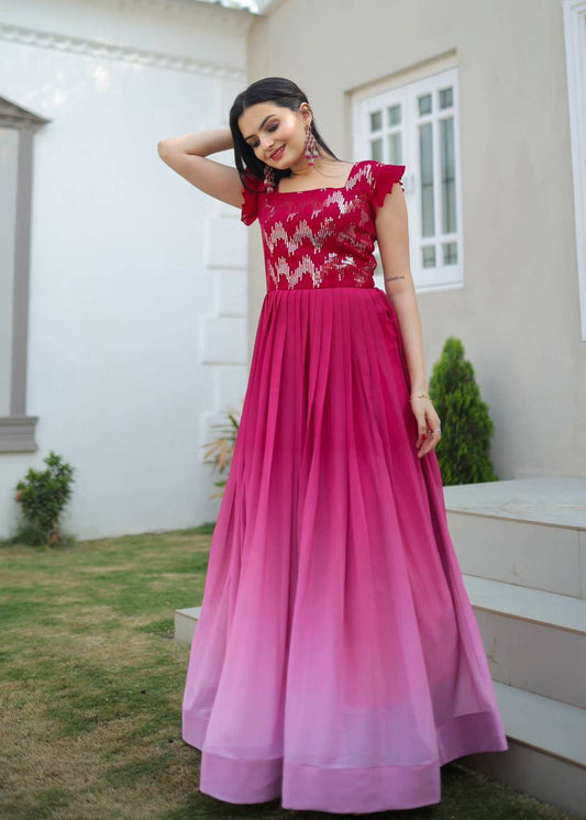 Dashing Faux Georgette Shaded Sequins Worked Gown - Ethnicwish