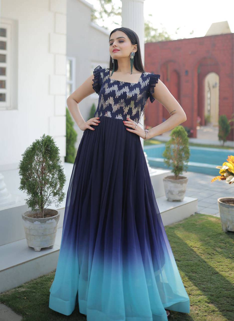 Dashing Faux Georgette Shaded Sequins Worked Gown - Ethnicwish